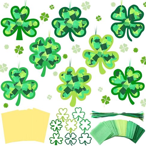 Eersida 32 PCS St. Patrick's Suncatchers Paper Craft Set DIY Shamrock Four Leaf Clover على شكل زجاج ملونًا مجموعات ورق من الأنسجة الزجاجية المجمعة لأنشطة الفصول الدراسية النافذة الفنية. in Kuwait