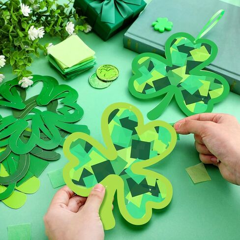 Eersida 32 PCS St. Patrick's Suncatchers Paper Craft Set DIY Shamrock Four Leaf Clover على شكل زجاج ملونًا مجموعات ورق من الأنسجة الزجاجية المجمعة لأنشطة الفصول الدراسية النافذة الفنية. in Kuwait