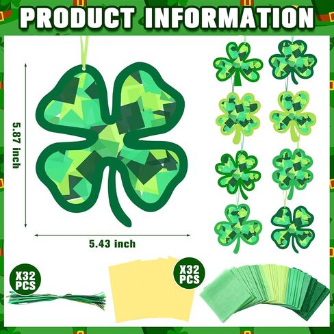 Eersida 32 PCS St. Patrick's Suncatchers Paper Craft Set DIY Shamrock Four Leaf Clover على شكل زجاج ملونًا مجموعات ورق من الأنسجة الزجاجية المجمعة لأنشطة الفصول الدراسية النافذة الفنية. in Kuwait