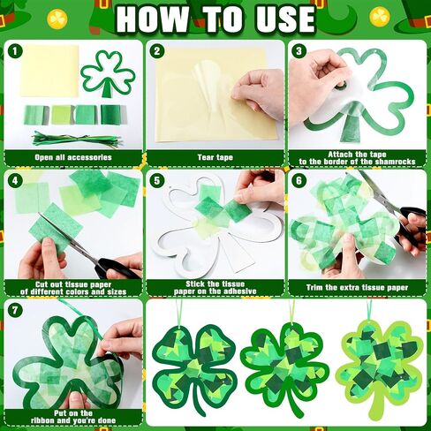 Eersida 32 PCS St. Patrick's Suncatchers Paper Craft Set DIY Shamrock Four Leaf Clover على شكل زجاج ملونًا مجموعات ورق من الأنسجة الزجاجية المجمعة لأنشطة الفصول الدراسية النافذة الفنية. in Kuwait
