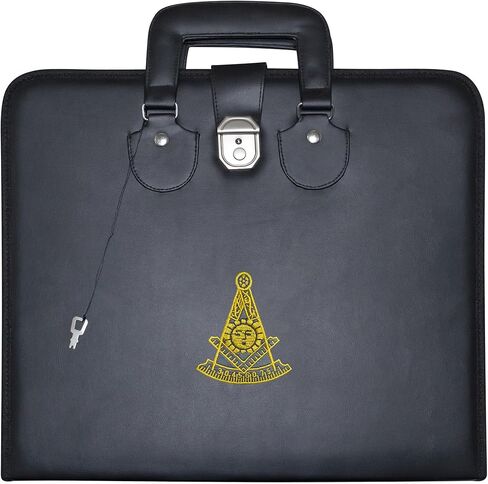 Masonic Past Master Apron Case – Machine Embroidered (Black Leather), MM Provincial Size | Freemason Carrying Bags in Kuwait