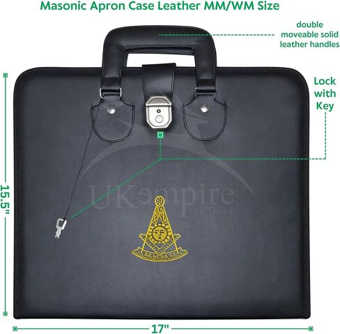 Masonic Past Master Apron Case – Machine Embroidered (Black Leather), MM Provincial Size | Freemason Carrying Bags in Kuwait