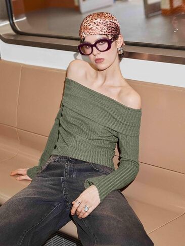 CIDER Off The Shoulder Sweater for Womens Fall Tops Sexy Long Sleeve Going Out Tops Knit Cropped Sweater Trendy Slim Fit in Saudi Arabia