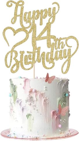 Gold Glitter Happy 14th Birthday Cake Topper - 14 Anniversary/Birthday - Hello 14, Cheers to 14 Years,14 & Fabulous Cake Topper Party Decoration (14th) in Kuwait