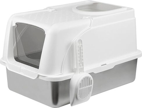 صندوق القمامة القطط من الفولاذ المقاوم للصدأ ، صندوق فضلات القط الكبير المرفق ، يشمل أعلى مقربة من القطط الأمامية ومغرفة القمامة القطط ، نظيفة سهلة ، لا رائحة - مناسبة للقطط المتعددة أو القطط المتوسطة/الكبيرة （بيضاء） in Kuwait