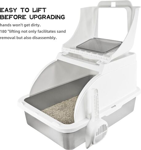 صندوق القمامة القطط من الفولاذ المقاوم للصدأ ، صندوق فضلات القط الكبير المرفق ، يشمل أعلى مقربة من القطط الأمامية ومغرفة القمامة القطط ، نظيفة سهلة ، لا رائحة - مناسبة للقطط المتعددة أو القطط المتوسطة/الكبيرة （بيضاء） in Kuwait