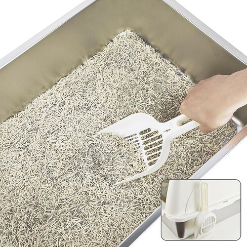 صندوق القمامة القطط من الفولاذ المقاوم للصدأ ، صندوق فضلات القط الكبير المرفق ، يشمل أعلى مقربة من القطط الأمامية ومغرفة القمامة القطط ، نظيفة سهلة ، لا رائحة - مناسبة للقطط المتعددة أو القطط المتوسطة/الكبيرة （بيضاء） in Kuwait