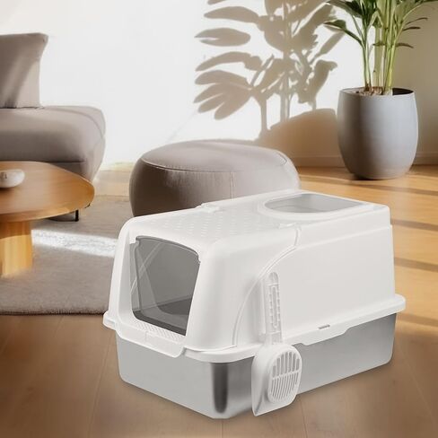 صندوق القمامة القطط من الفولاذ المقاوم للصدأ ، صندوق فضلات القط الكبير المرفق ، يشمل أعلى مقربة من القطط الأمامية ومغرفة القمامة القطط ، نظيفة سهلة ، لا رائحة - مناسبة للقطط المتعددة أو القطط المتوسطة/الكبيرة （بيضاء） in Kuwait
