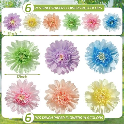 Pastel Paper Flowers,12 Pcs Crepe Paper Flowers Decorations,6 in,10 in Paper Flower for Wedding Party Baby Bridal Shower Carnival Party Nursery Wall Decor in Saudi Arabia