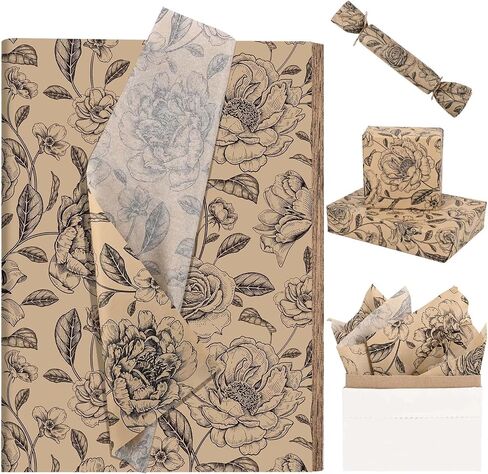 100Sheets Vintage Floral Tissue Paper for Gift Wrapping Retro Spring Flowers Tissue Paper for Gift Bags for Bridal Shower Birthday Party Wedding DIY Craft Supplies, 20 × 14 Inches (Kraft) in Kuwait