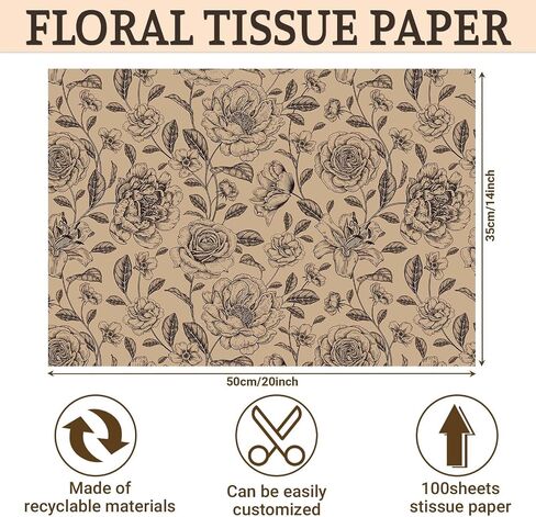 100Sheets Vintage Floral Tissue Paper for Gift Wrapping Retro Spring Flowers Tissue Paper for Gift Bags for Bridal Shower Birthday Party Wedding DIY Craft Supplies, 20 × 14 Inches (Kraft) in Kuwait