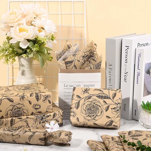 100Sheets Vintage Floral Tissue Paper for Gift Wrapping Retro Spring Flowers Tissue Paper for Gift Bags for Bridal Shower Birthday Party Wedding DIY Craft Supplies, 20 × 14 Inches (Kraft) in Kuwait