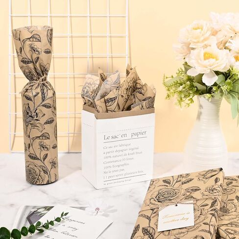 100Sheets Vintage Floral Tissue Paper for Gift Wrapping Retro Spring Flowers Tissue Paper for Gift Bags for Bridal Shower Birthday Party Wedding DIY Craft Supplies, 20 × 14 Inches (Kraft) in Kuwait