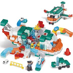 2-in-1 Kids Airplane Building Blocks Toys Marble Run Set 233 PCS, Transport Plane Race Track with 6 City Cars, STEM Aircraft Parking Lot Playset Toys Gifts for Toddlers Boys Girls Age 3-12