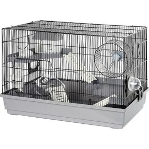 Hamster Cage Kit 22″Lx12″Wx15″H with 2 Spacious Platforms, Exercise Wheel, Hide-House, Water Bottle, Bathtub, Ladders, Food Bowl, Black/Gray