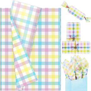 100 Sheets Easter Pastel Plaid Tissue Paper, 20x14in Pink Blue Yellow Green Buffalo Plaid Gift Wrapping Paper Pastel Color Art Tissue for Spring Birthday Wedding Baby Shower Party Decor