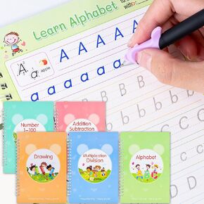 Grooved Handwriting Book Set, Reusable Handwriting Practice Learn to Write for Kids Age 3-8, Toddler Preschool Kindergarten Workbooks for Tracing Letters Numbers Math, 5 Copybooks with Pens