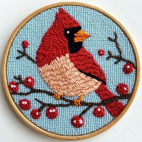 DIY Punch Needle Kits for Beginners Red Cardinal Bird on Red Berry Tree with Hoop Punch Needle Starter Craft Embroidery Set Easy for Adults and Children Festival Gift and Decoration 20x20cm-3