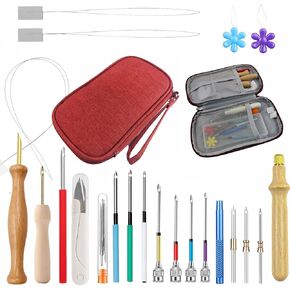32 Pcs Punch Needle Kit, Punch Needle Tool Include Wooden/Metal Handle Embroidery Needles, Big Eye Needles,Needle threaders,Yarn Scissors Suitable for Punch Embroidery on Various thicknesses of Yarn