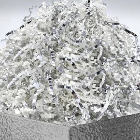 DOTUHAO White & Silver- Crinkle Cut Paper Shred Filler great for Gift Wrapping, Basket Filling, Birthdays, Weddings, Anniversaries, Valentines Day, and other occasions (White & Silver, 2 oz)
