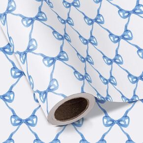 WRAPAHOLIC Blue Bow Wrapping Paper Roll - Mini Roll - 17 Inch x 16.5 Feet - Baby Blue Bow Design, Perfect for Baby Shower, Boy Birthday, Wedding