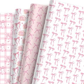 12 Sheets Pink Bow Wrapping Paper, Pink Floral Plaid Heart Bow Gift Wrap Paper I Love You Folded Flat Craft Paper for Valentine Wedding Baby Shower Supplies, 19.7 x 27.6 Inch