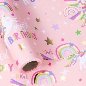 LeZakaa Pink Unicorn Birthday Wrapping Paper Roll for Girls Women, Have a Magical Birthday & Rainbow, Stars, Gold Foil Design for Baby Girl, Birthday, Baby Shower, Mini Roll, 17 inches x 16.4 Feet