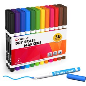 Comix Low Odor Dry Erase Markers, Fine Tip Whiteboard Markers, 36 Bulk 12 Assorted Colors Markers for Kids Teachers Office & School Supplies