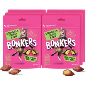 Bonkers Cat Treats, Catnip, Chick N' Cheddar Flavor, 6.3 OZ, Cat Treats, Training, All Breeds & Ages, Food Topper, Resealable Pouch (6 Pack)