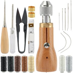 23 Pcs Sewing Awl Kit, Portable Awl Tool, Speedy Stitcher, with Straight Needle, Curved Needle, Waxed Thread, Scissor, Screwdriver, Tape Measure, Sewing Thimble, Drilling Awl, for DIY Craft