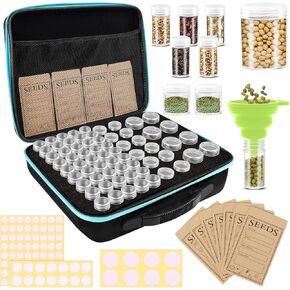 65 Slots Seed Storage Organizer with 20 Seed Envelopes, Sturdy Seed Organizer Box with Zipper Bag Label Stickers 3 Sizes Storage Bottles (Seeds not Included), Seed Storage Container for Flower Plants