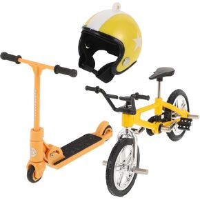 Lurrose 1 Set Miniature Bicycle Scooter Set Model Helmet Mini Finger Bike Toy Micro Landscape Ornament Miniature Garden Accessory 1:12 Scale Yellow