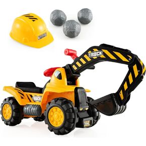 ركوب Costzon على حفارة ، Kids Excavator Digger Buldozer مع خوذة أمان ، 3 صخور ، قرن ، تخزين أقل المقعد ، مركبات البناء للأطفال ، ركوب على ألعاب للأطفال