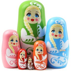 Multicolor Girl Russian Nesting Dolls 6 Pcs Girl with Long Braid and Green Eyes Wooden Nesting Doll Handmade Matryoshka Dolls for Kids Stacking Toy Birthday Christmas Home Decoration Girl Women Gift