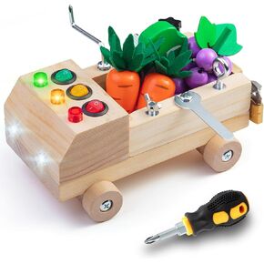 Sundaymot kids Tool Set, Montessori Screwdriver Board Set, Busy Board with Led Light, Fine Motor Skills Toys, Wooden Montessori trucks Car Toys Sensory Preschool Activity Learning Toys for 3+ Year Old