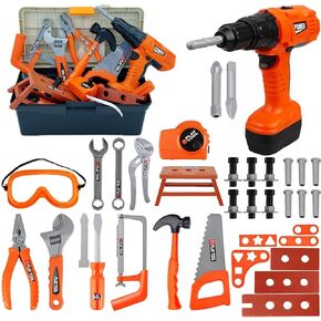 Kids Tool Set kit Pretend Play Set Toddler Tool Toys with Construction 48Pcs Electric Drill Gifts for Boys Girls Kids Toddlers Ages 3 4 5 6 7 8 Years up (Orange)