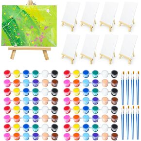 8 Set Mini Acrylic Paint Kit, Mini Stretched Canvas with Easel, Acrylic Paint Strips, Painting Brushes, Mini Canvas and Easel Paint Set for Kids Artists Beginner for Easter Party Gift