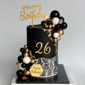 48pcs كرات كعكة القبعات العليا للزخارف الكعكة مع كرات الذهب الأبيض الأسود أرقام أكريليك أرقام 0-9 وأدخل كعكة عيد ميلاد سعيد للرجال بوي بوي الأسود موضوع عيد ميلاد الذكرى السنوية