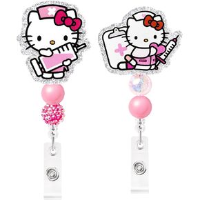 2 Pcs Kawaii Kitty Badge Reels Glitter Cartoon Anime Retractable ID Badge Holders with Beaded Alligator Clip Cute Nursing Name Tag Decorative Gift for Hospital Doctors Nurses Medical Students Teachers