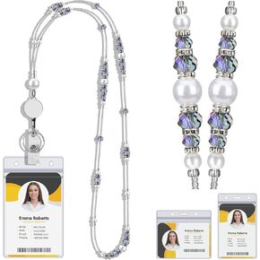 Beaded Lanyards for ID Badges, Beaded Teacher Lanyard with Badge Reel, Retractable Lanyard for Women, Cute Cruise Lanyard with Pearls and Crystals, Purple