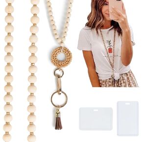 Lanyards for Id Badges and Keys,Specialist ID Vertical Top Load Card Badge Holder,Wood Beaded Teacher Lanyard for ID Holder with Quick Release Key Ring,Cute Keychain Lanyard Women