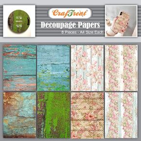 CrafTreat Wood Decoupage Paper for Furniture - Woods and Floral Wood Background - Size: A4 (8.3 x 11.7 Inch) 8 Pcs - Decoupage Paper for Crafts and Scrapbooking
