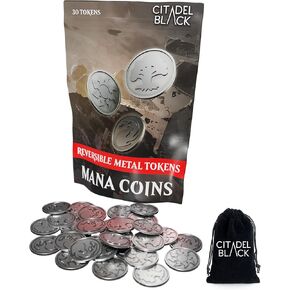Citadel Black MTG Mana Coins - مجموعة من 30 رمزًا معدنيًا مع حقيبة تخزين الرباط ، والفضة الفضية العتيقة ، المصممة للسحر: The Gathering
