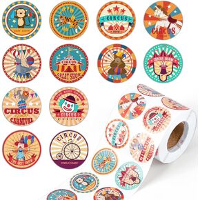 1200Pcs Carnival Circus Sticker Rolls Retro Animal Clown Self Adhesive Label for Themed Party Favors Envelope Seals Decoration GiftWrap Supplies 12 Styles