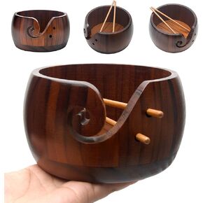 Wooden Yarn Bowl with Bamboo Crochet Hooks & Holes, Knitting Accessories DIY Hand Craft Yarn Storage Bowls for Yarn Balls & Skeins, Birthday Gifts for Mom & Knitting Lovers (Type C)