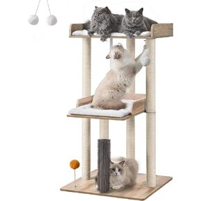 FourFurPets 43.7" Cat Tree, Modern Cat Tree Tower, Cat Tower for Indoor Cats Large Adult, Big Cat Tree with Scratching Post, Wooden Cat Tree with Large Perch, Cat Condo for Adult cat, Greige