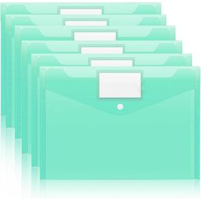 6PACK Plastic Envelopes Poly Envelopes with Snap Closure, Colored File Folders Letter A4 Size, File Envelopes with Label Pocket for Home Work Office Organization (Green)