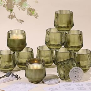 LAMORGIFT 12 Pack Green Glass Candle Jars for Making Candles- 7OZ Ribbed Empty Candle Jars, Candle Making Jars, Candle Containers, Candle Vessels with Candle Making Accessories for Making Candles
