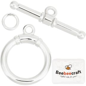 Beebeecraft 10Pcs 925 Sterling Silver Plated Toggle Clasps T-bar Closure Round Claps Connectors with Jump Rings for Necklaces Bracelets Making