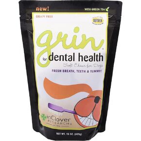 In Clover Natural Dental Treat Chew for Dogs, Grin, Fresh Breath Dog Chew Treat with Prebiotics, Fresh Breath Tartar Control Chew for Dogs, Daily Chew Supplement for Dogs Supports Dog Gums and Teeth